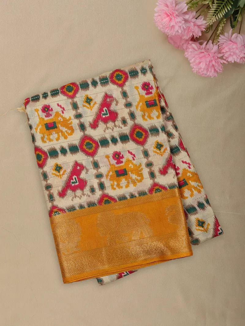 Soft Ivory Cream Geometric Ikat-Inspired Design Mixed Cotton Saree With Ornamental Zari Woven Border 1