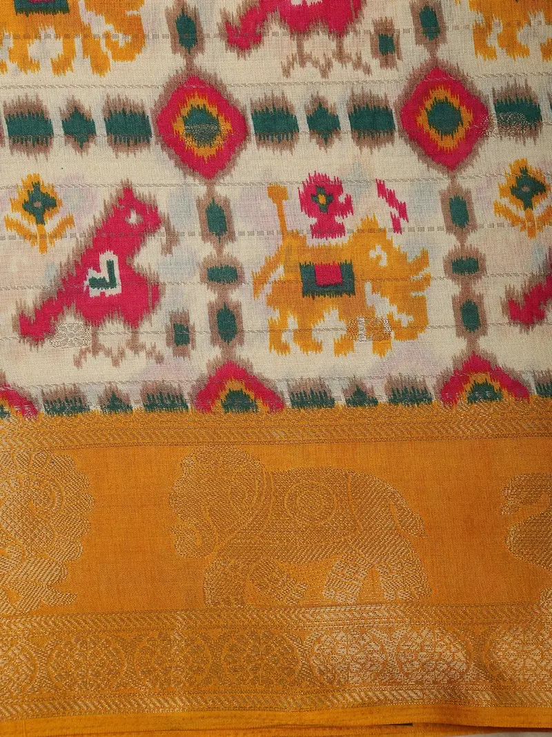 Soft Ivory Cream Geometric Ikat-Inspired Design Mixed Cotton Saree With Ornamental Zari Woven Border 2