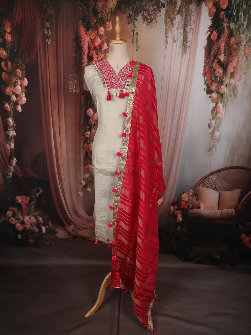 Soft Ivory Cream Mirror Embroidered Design Tissue Silk Unstitched Salwar Material With Contrast Dupatta 1