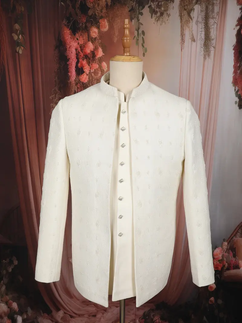 Soft Ivory Cream Self Textured Embroidered Design Men's Jodhpuri Suit 1