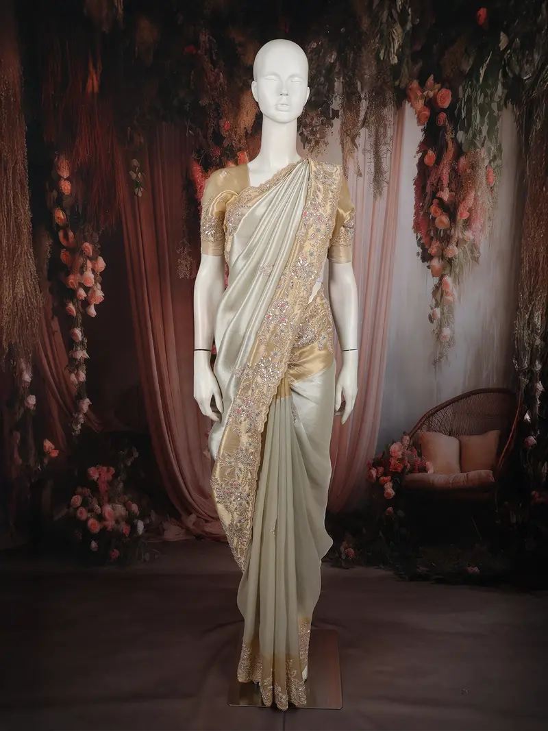 Soft Ivory Floral Beads And Zardozi Embroidered Design Pure Tissue Designer Saree With Scalloped Gold Border 1