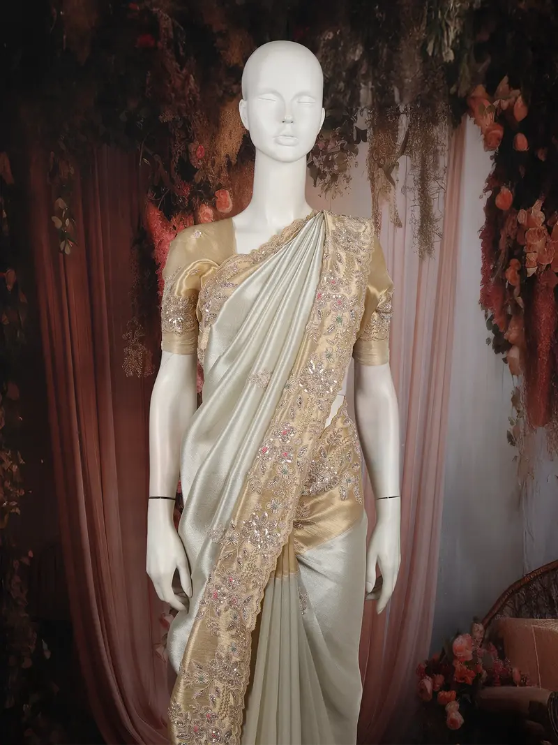 Soft Ivory Floral Beads And Zardozi Embroidered Design Pure Tissue Designer Saree With Scalloped Gold Border 2