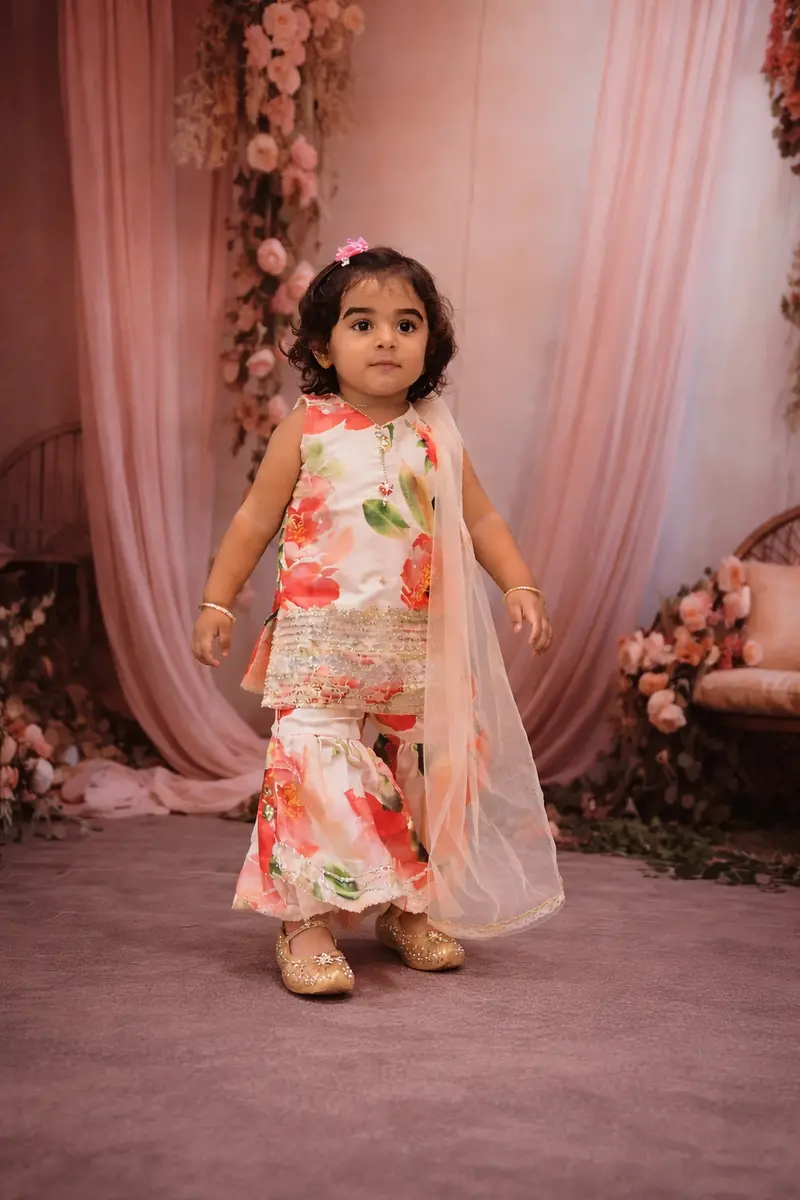 Soft Ivory Floral Printed And Sequins Embroidered Design Satin Kids Sharara Suit With Dupatta 1