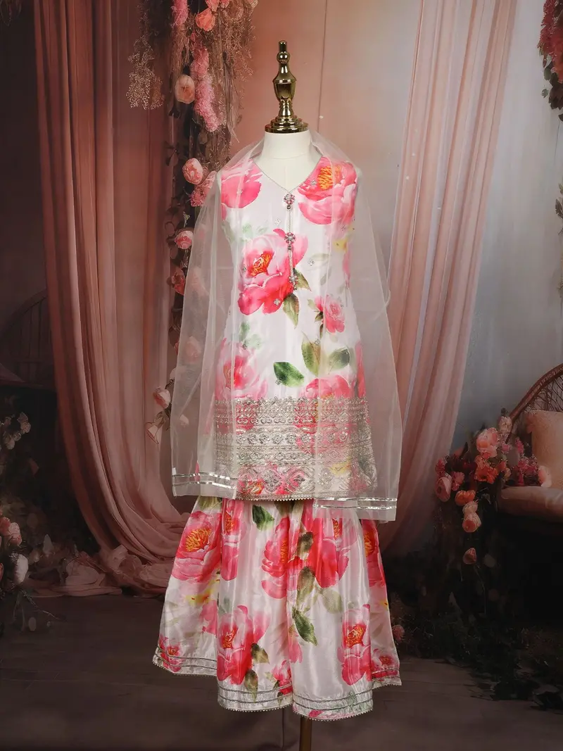 Soft Ivory Floral Printed And Sequins Embroidered Design Satin Kids Sharara Suit With Dupatta 2