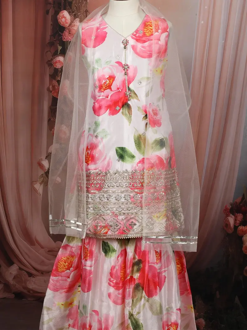 Soft Ivory Floral Printed And Sequins Embroidered Design Satin Kids Sharara Suit With Dupatta 3