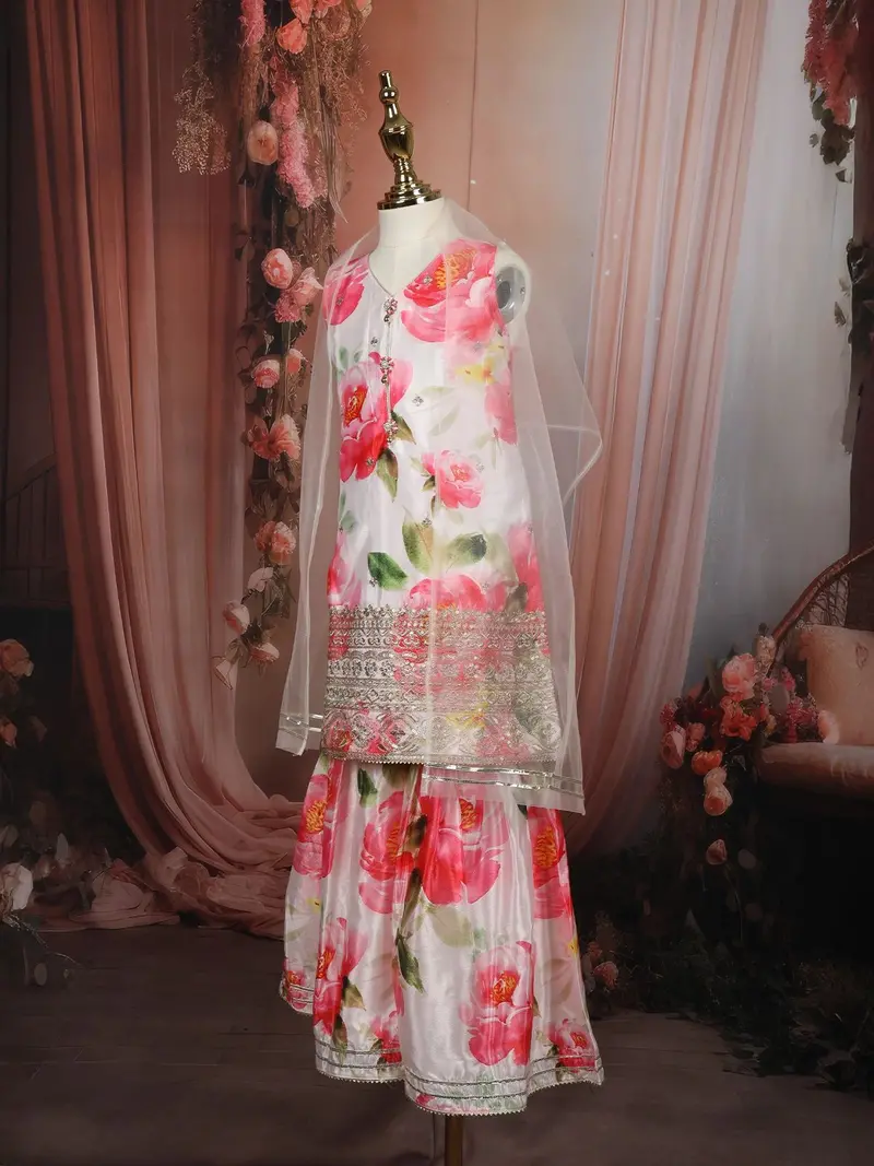 Soft Ivory Floral Printed And Sequins Embroidered Design Satin Kids Sharara Suit With Dupatta 4