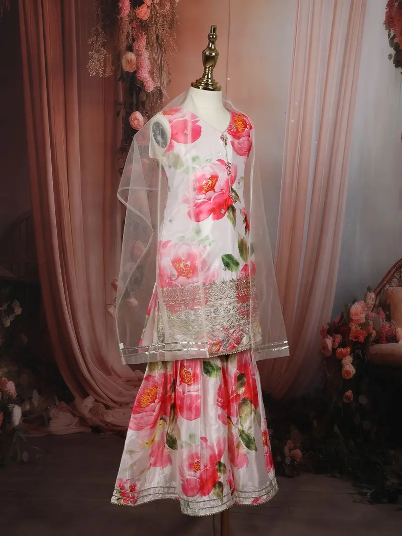 Soft Ivory Floral Printed And Sequins Embroidered Design Satin Kids Sharara Suit With Dupatta 5