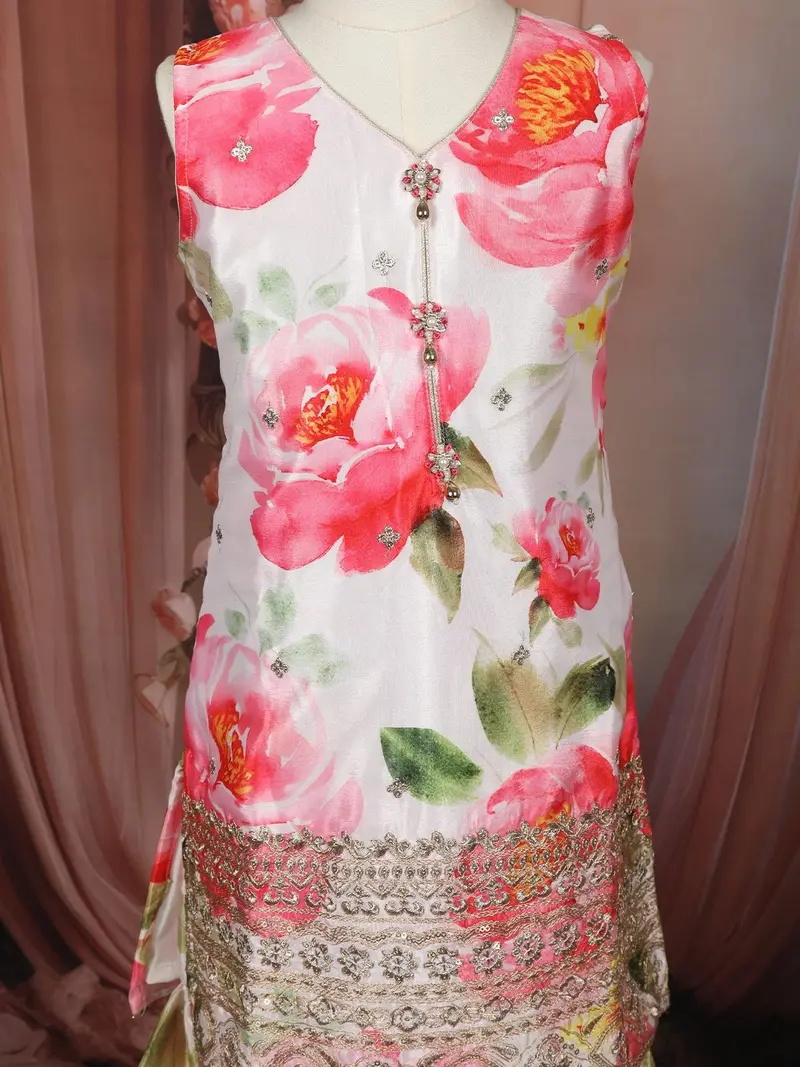 Soft Ivory Floral Printed And Sequins Embroidered Design Satin Kids Sharara Suit With Dupatta 6
