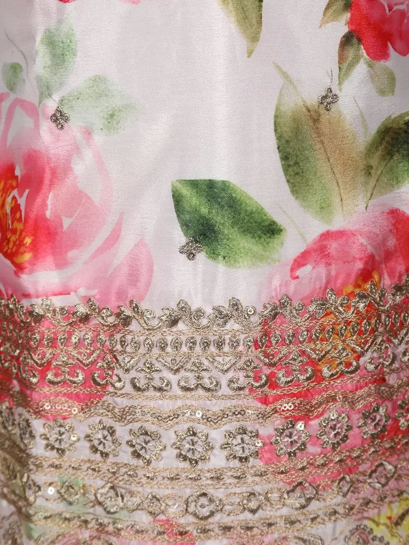 Soft Ivory Floral Printed And Sequins Embroidered Design Satin Kids Sharara Suit With Dupatta 8