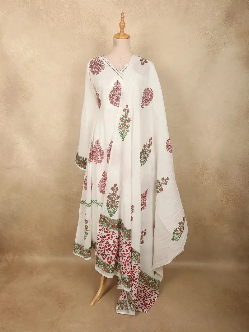 Soft Ivory Floral Printed Design Cotton Anarkali Salwar Suit With Dupatta 1