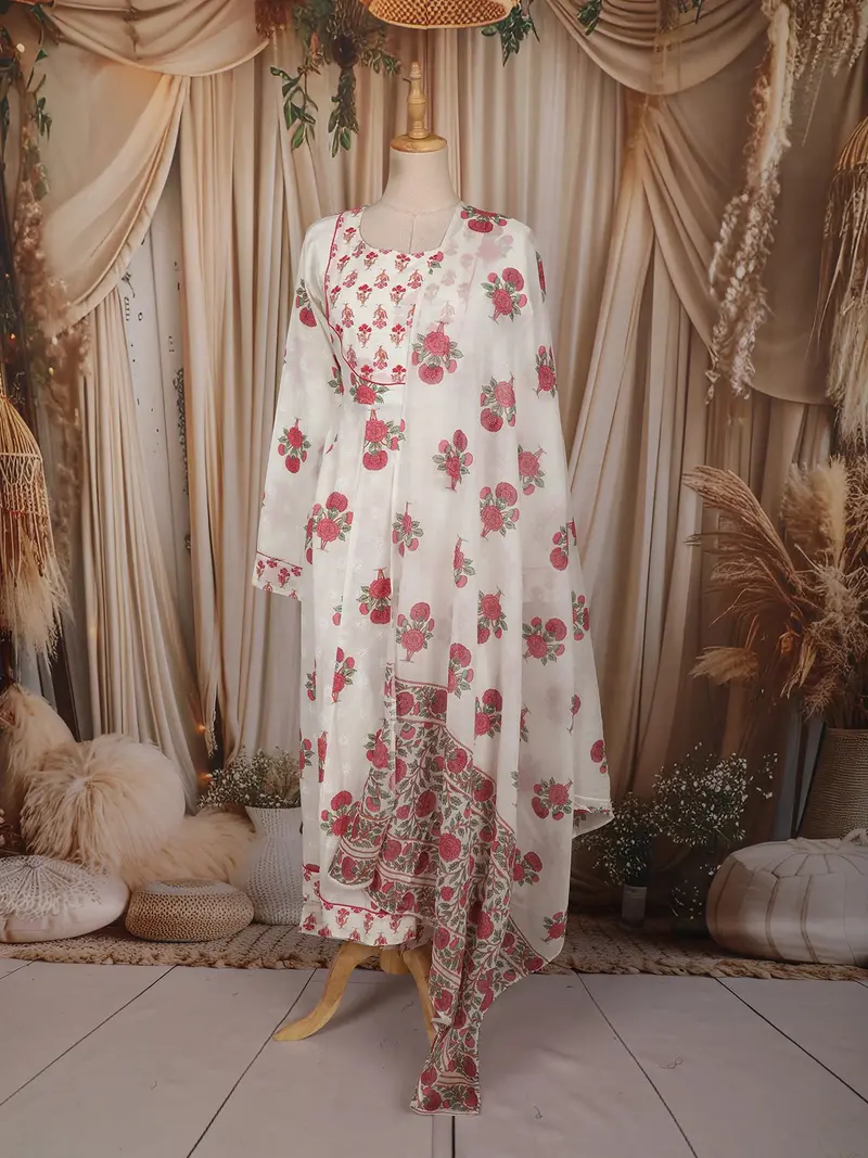 Soft Ivory Floral Printed Design Cotton Anarkali Salwar Suit With Dupatta 1