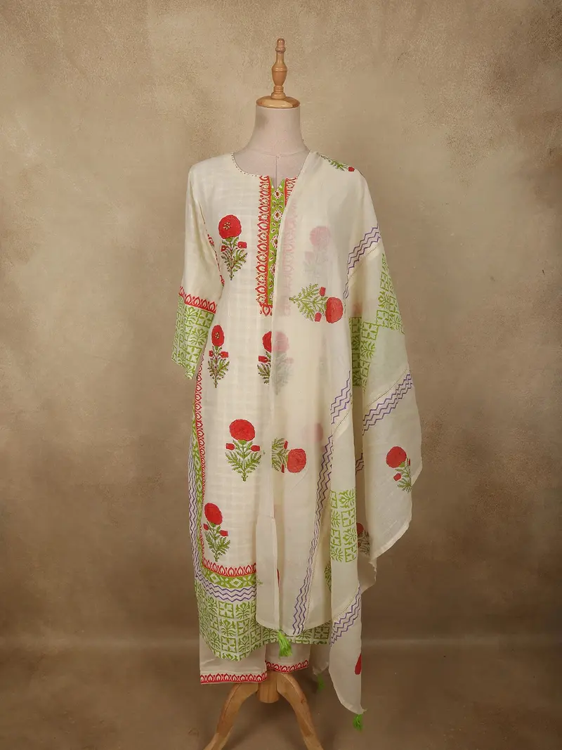 Soft Ivory Floral Printed Design Cotton Salwar Suit With Dupatta 1