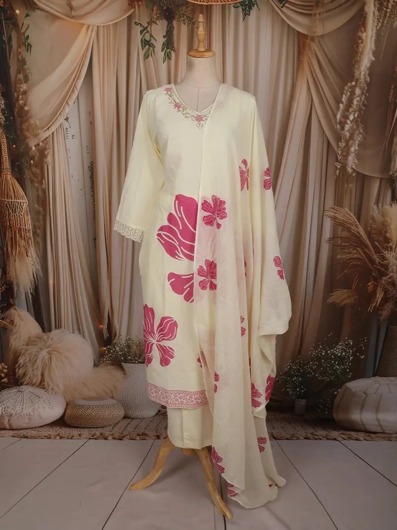 Soft Ivory Floral Printed Design Cotton Salwar Suit With Dupatta 1