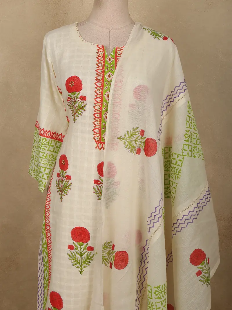 Soft Ivory Floral Printed Design Cotton Salwar Suit With Dupatta 2