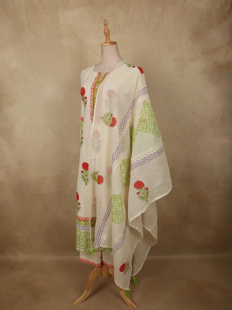 Soft Ivory Floral Printed Design Cotton Salwar Suit With Dupatta 3