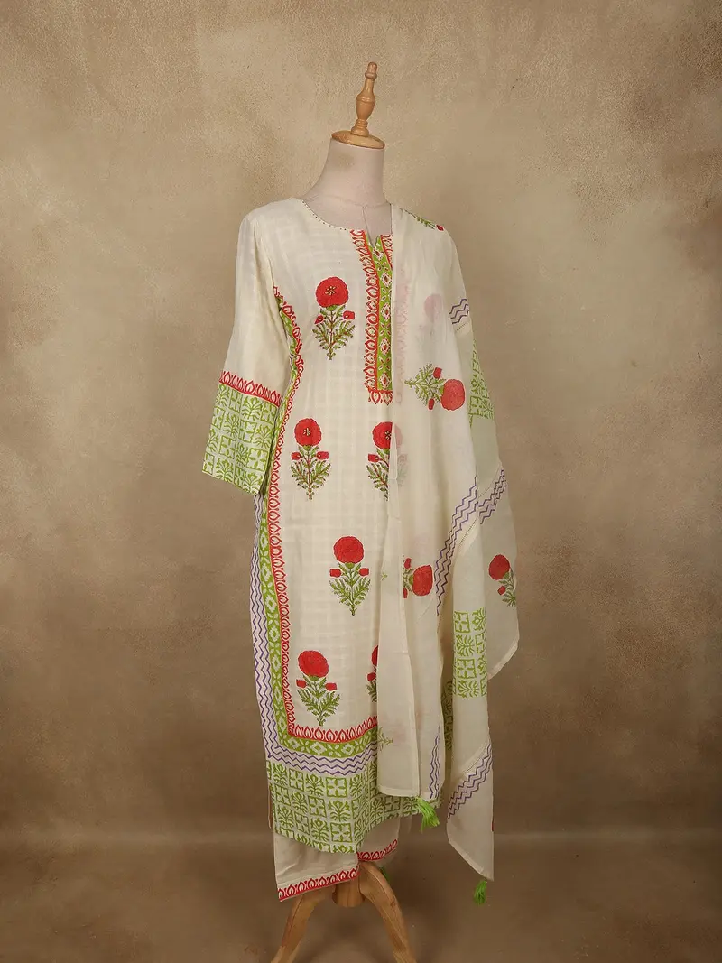 Soft Ivory Floral Printed Design Cotton Salwar Suit With Dupatta 4