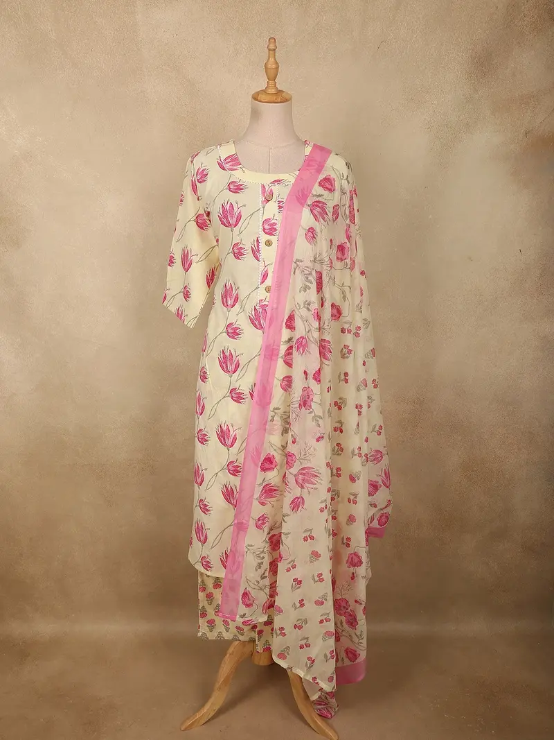 Soft Ivory Floral Printed Design Cotton Straight Cut Salwar Suit With Dupatta 1