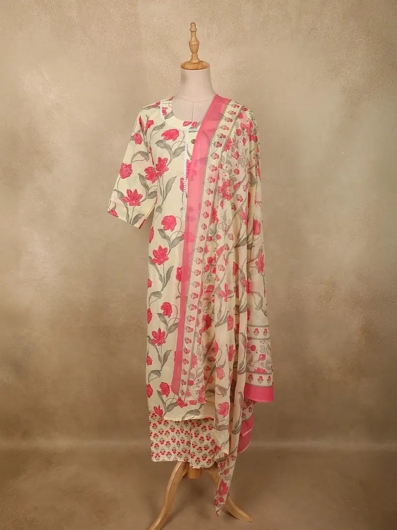 Soft Ivory Floral Printed Design Cotton Straight Cut Salwar Suit With Dupatta 1