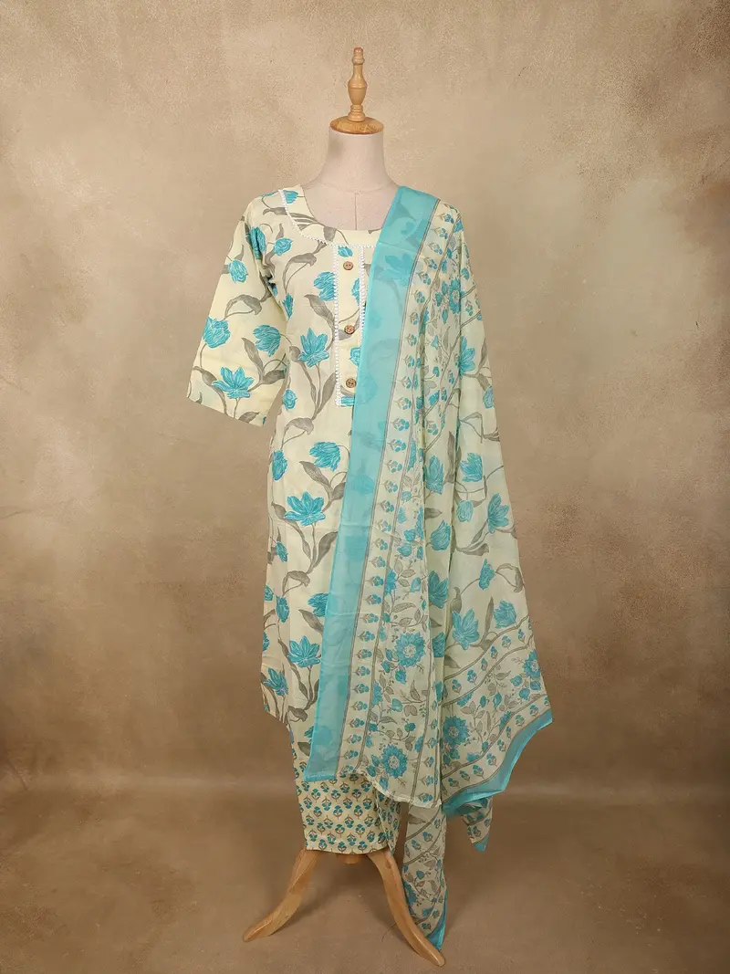 Soft Ivory Floral Printed Design Cotton Straight Cut Salwar Suit With Dupatta 1