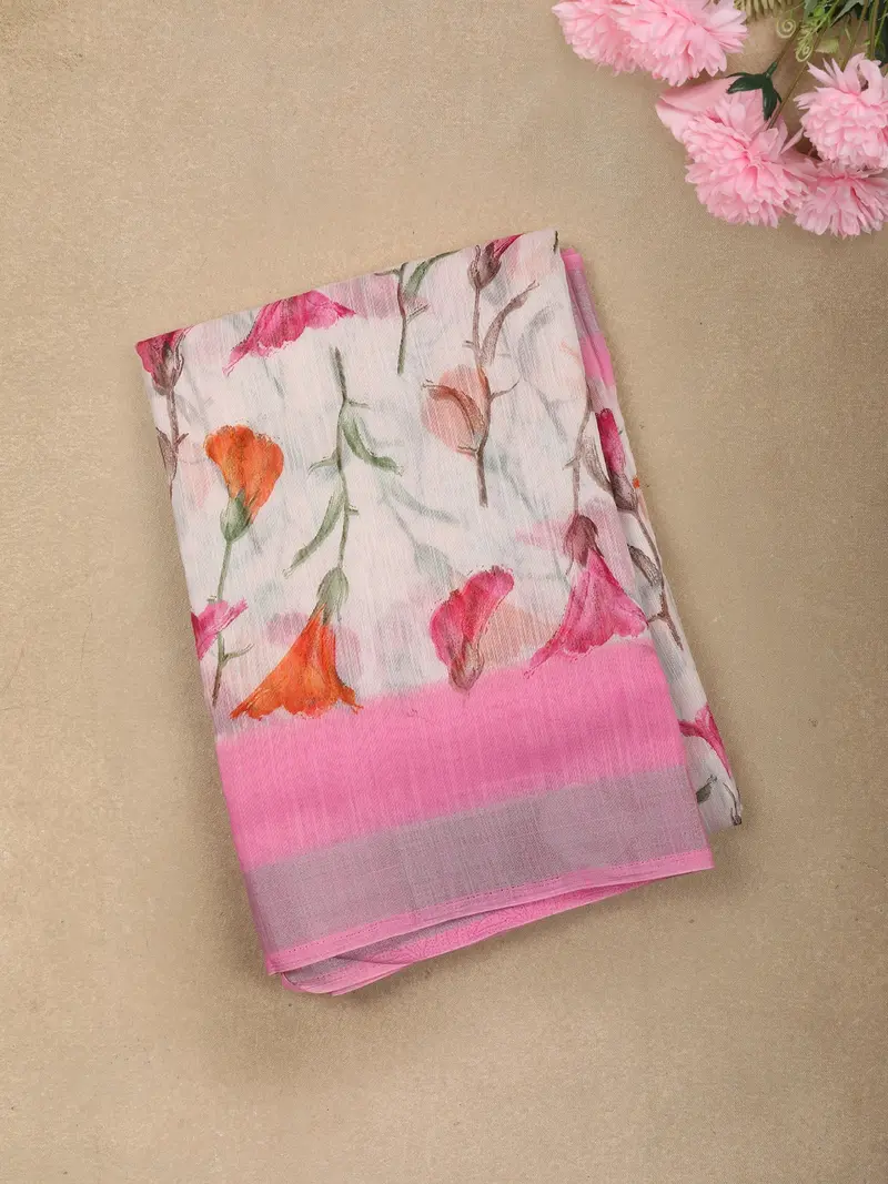 Soft Ivory Floral Printed Design Linen Cotton Casual Wear Saree 1