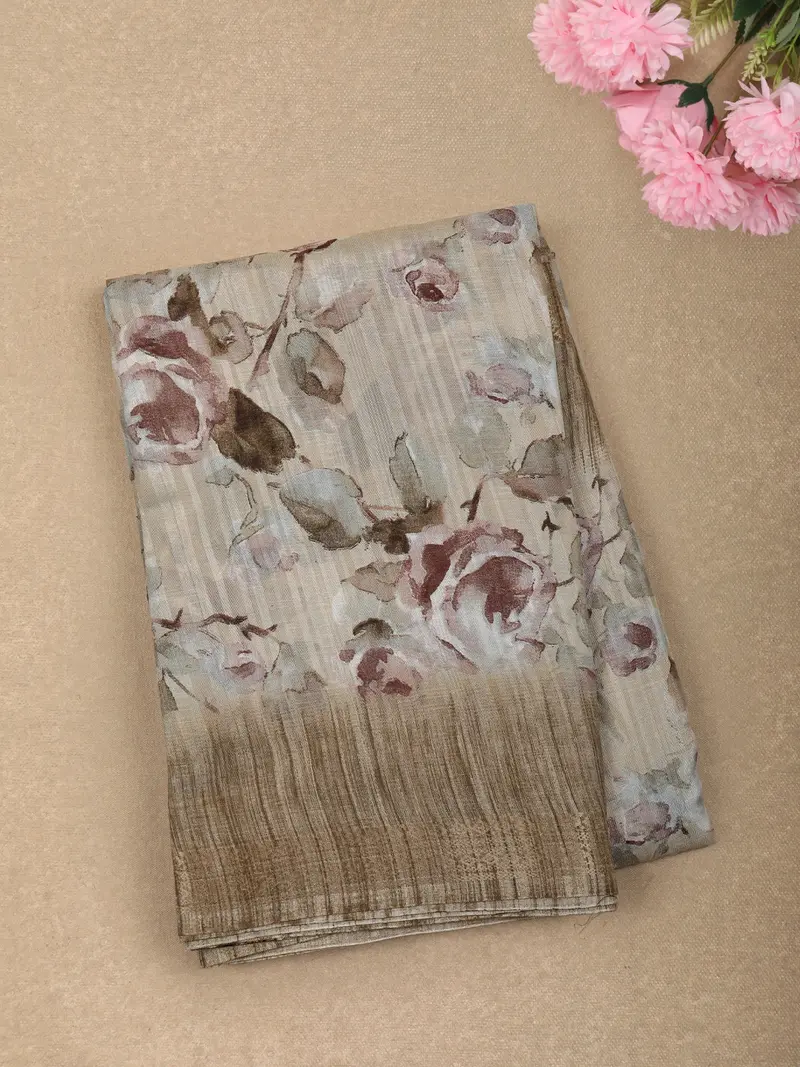 Soft Ivory Floral Printed Design Linen Cotton Casual Wear Saree With Contrast Zari Border 1