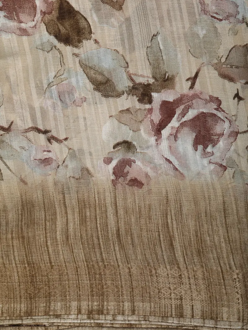Soft Ivory Floral Printed Design Linen Cotton Casual Wear Saree With Contrast Zari Border 2