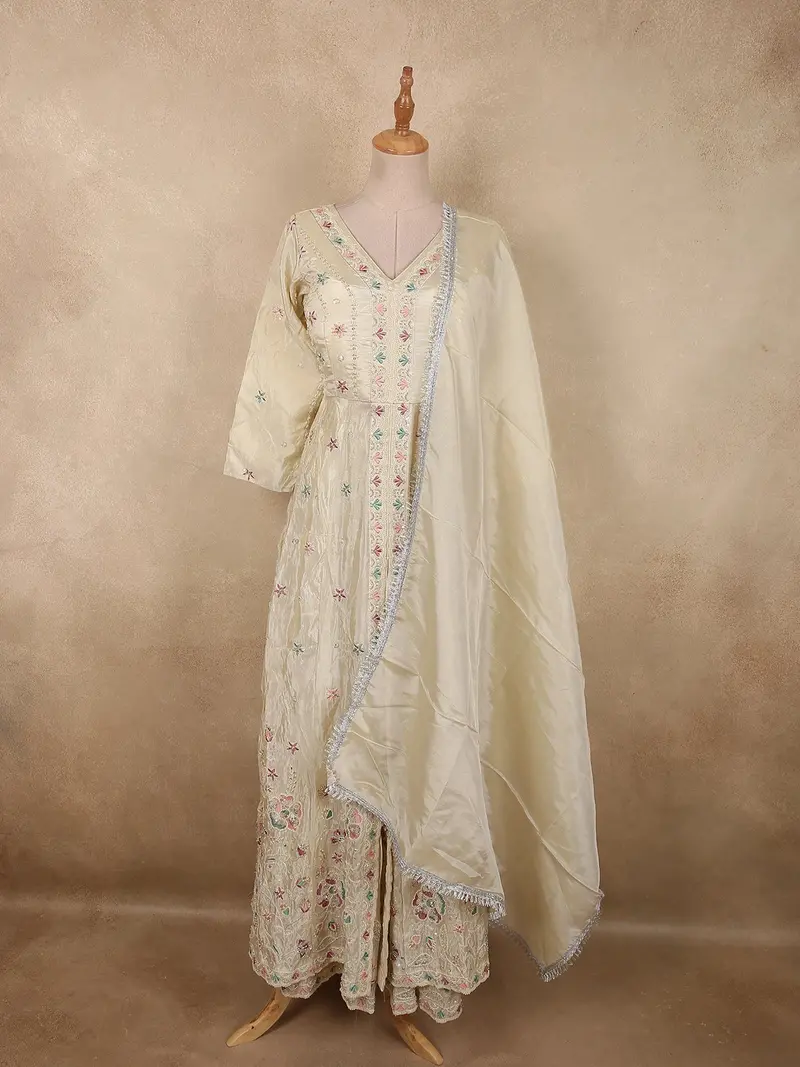 Soft Ivory Floral Sequins And Beads Embroidered Design Organza Lehenga With Dupatta 1