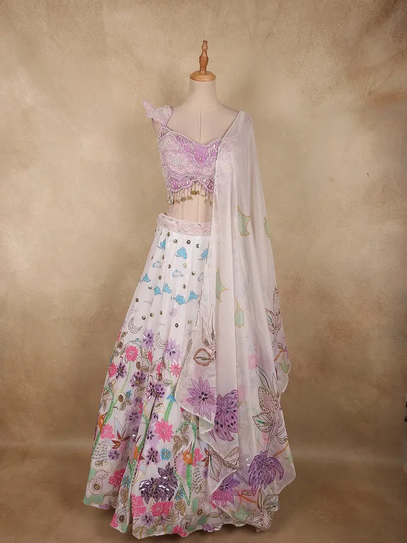 Soft Ivory Floral Sequins And Beads Embroidered Design Sequins Bridesmaid Lehenga With Dupatta 1