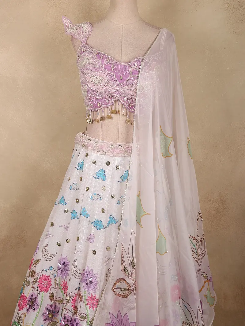 Soft Ivory Floral Sequins And Beads Embroidered Design Sequins Bridesmaid Lehenga With Dupatta 2