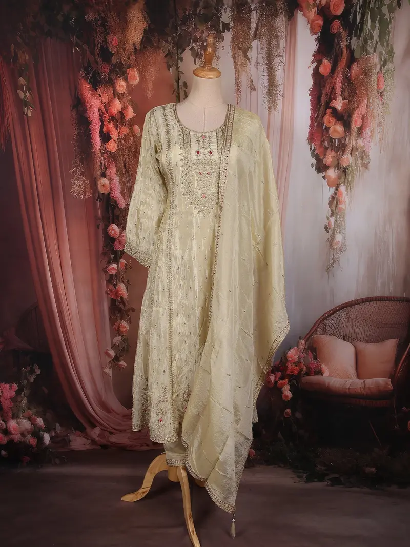 Soft Ivory Floral Sequins And Zari Embroidered Design Silk Salwar Suit With Dupatta 1