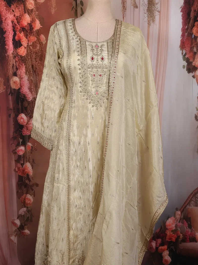 Soft Ivory Floral Sequins And Zari Embroidered Design Silk Salwar Suit With Dupatta 2