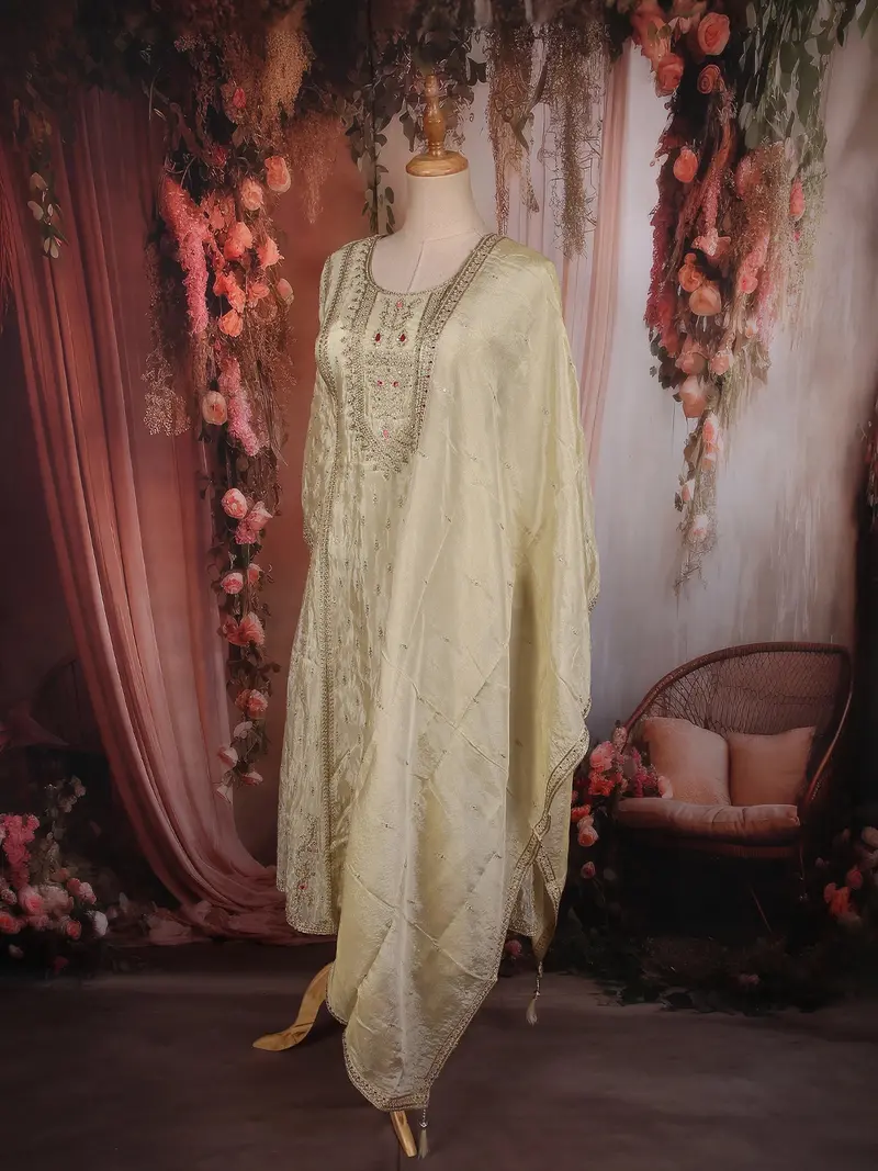 Soft Ivory Floral Sequins And Zari Embroidered Design Silk Salwar Suit With Dupatta 3
