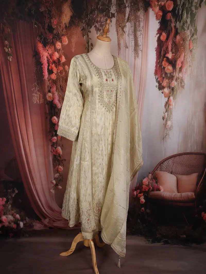 Soft Ivory Floral Sequins And Zari Embroidered Design Silk Salwar Suit With Dupatta 4