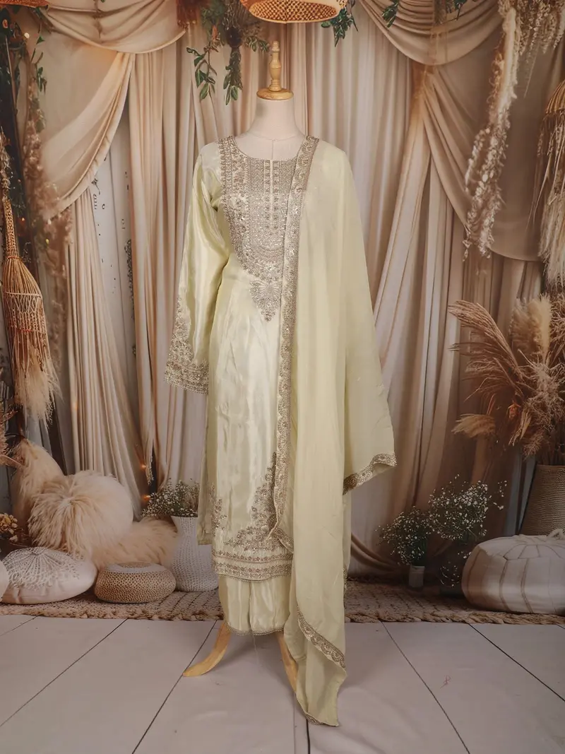 Soft Ivory Floral Sequins And Zari Embroidered Design Tissue Organza Salwar Suit With Dupatta 1
