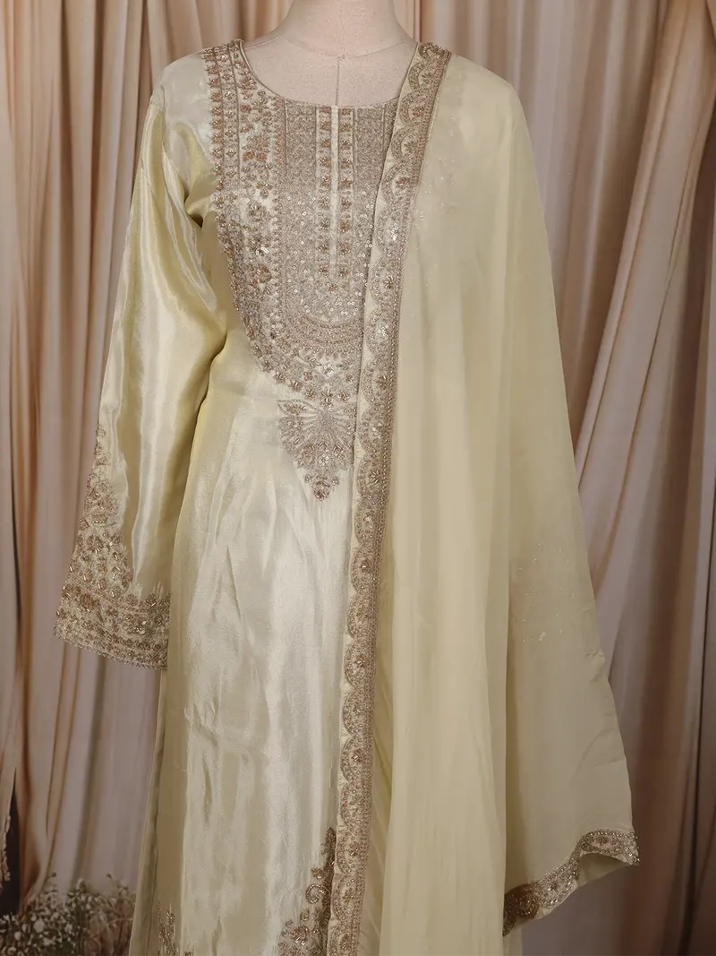 Soft Ivory Floral Sequins And Zari Embroidered Design Tissue Organza Salwar Suit With Dupatta 2