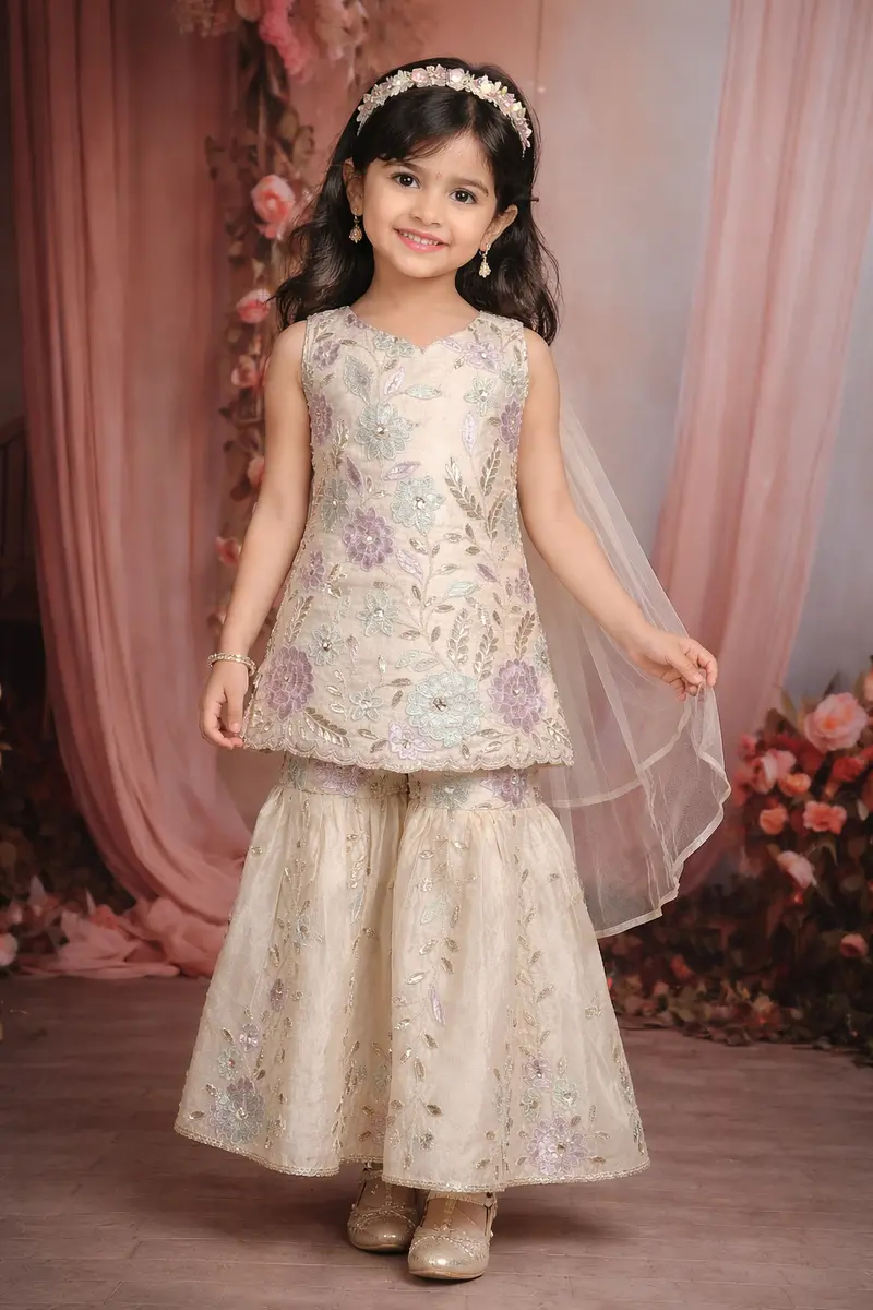 Soft Ivory Floral Sequins Embroidered Design Tissue Kids Sharara Suit With Dupatta 1