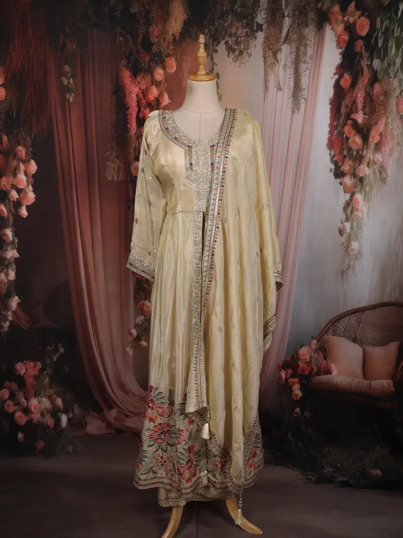 Soft Ivory Floral Thread And Sequins Embroidered Design Organza Mastani Palazzo Suit 1