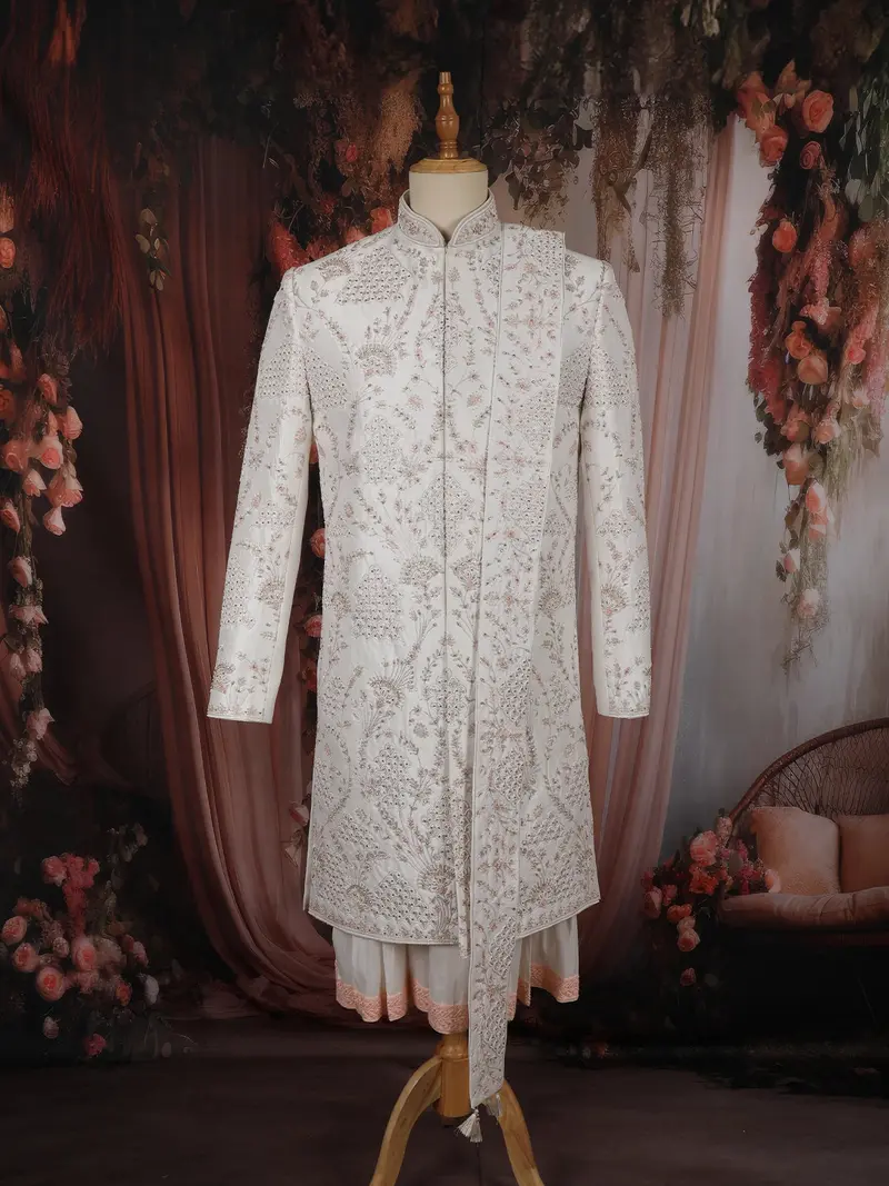 Soft Ivory Floral Thread Embroidered And Stone Embellished Design Silk Sherwani Suit 1