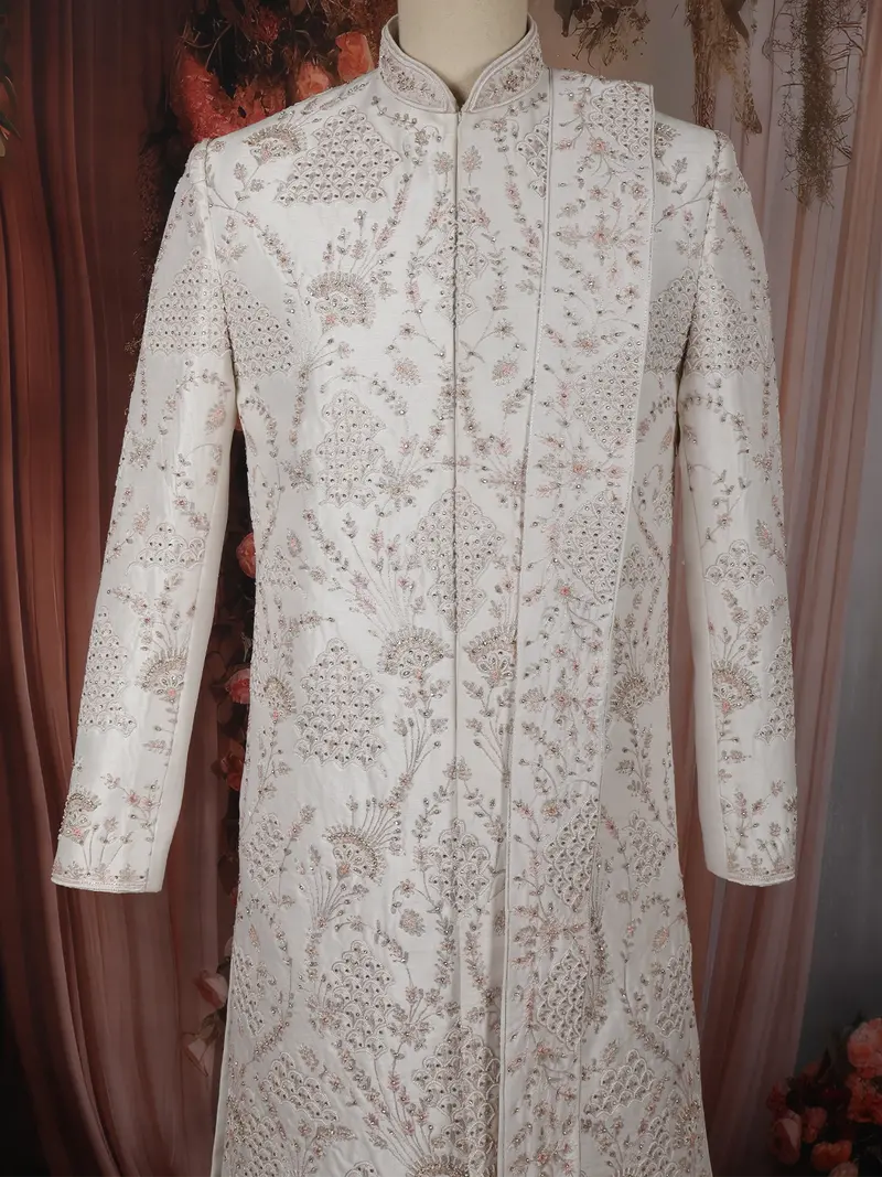 Soft Ivory Floral Thread Embroidered And Stone Embellished Design Silk Sherwani Suit 2