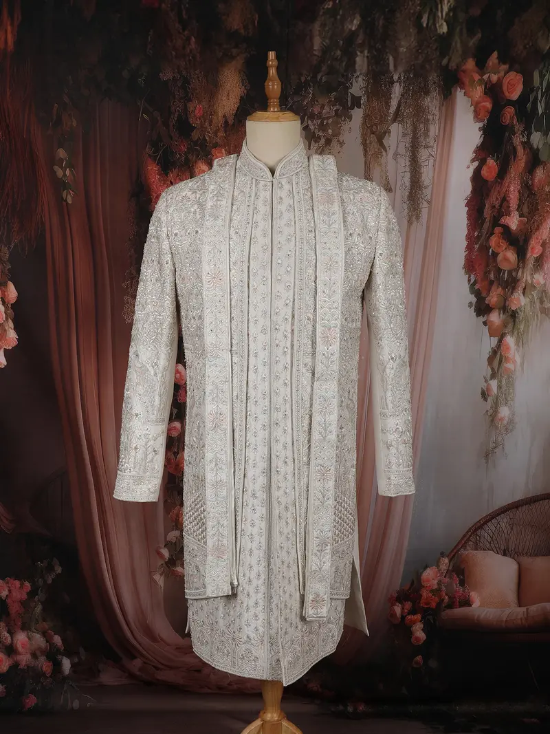 Soft Ivory Floral Thread Embroidered And Stone Embellished Design Silk Sherwani Suit With Duatta 1
