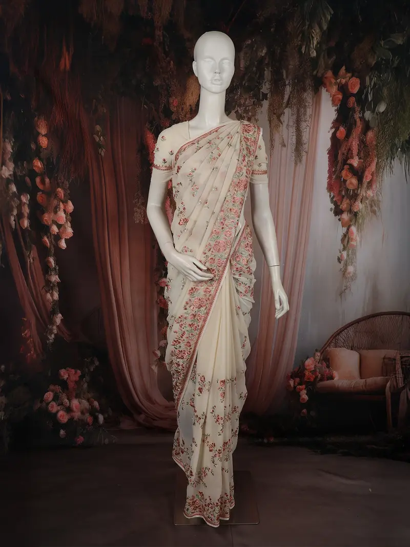 Soft Ivory Floral Thread Embroidered Design Chiffon Fancy Saree 1