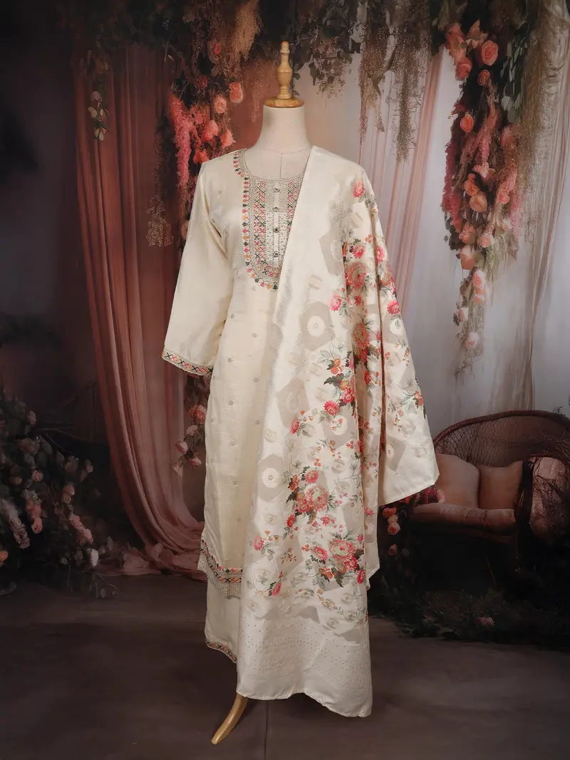 Soft Ivory Floral Thread Embroidered Design Georgette Salwar Suit With Dupatta 1