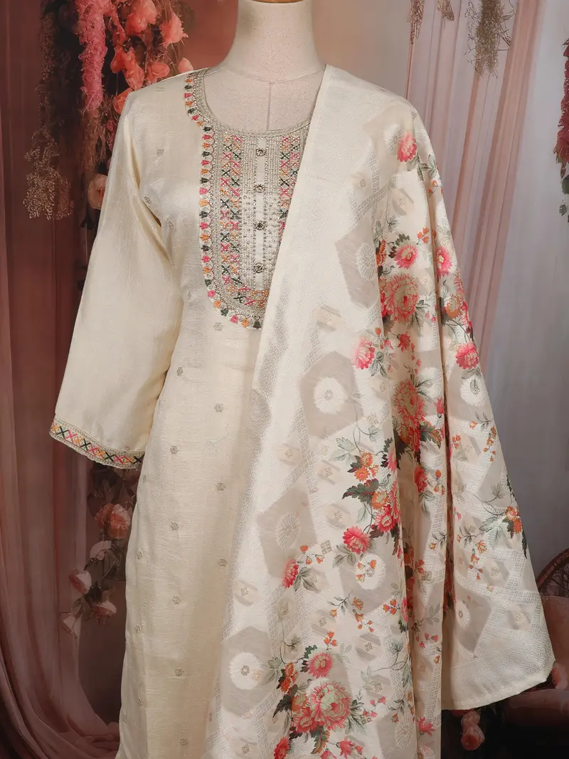 Soft Ivory Floral Thread Embroidered Design Georgette Salwar Suit With Dupatta 2