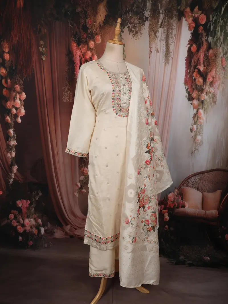 Soft Ivory Floral Thread Embroidered Design Georgette Salwar Suit With Dupatta 3