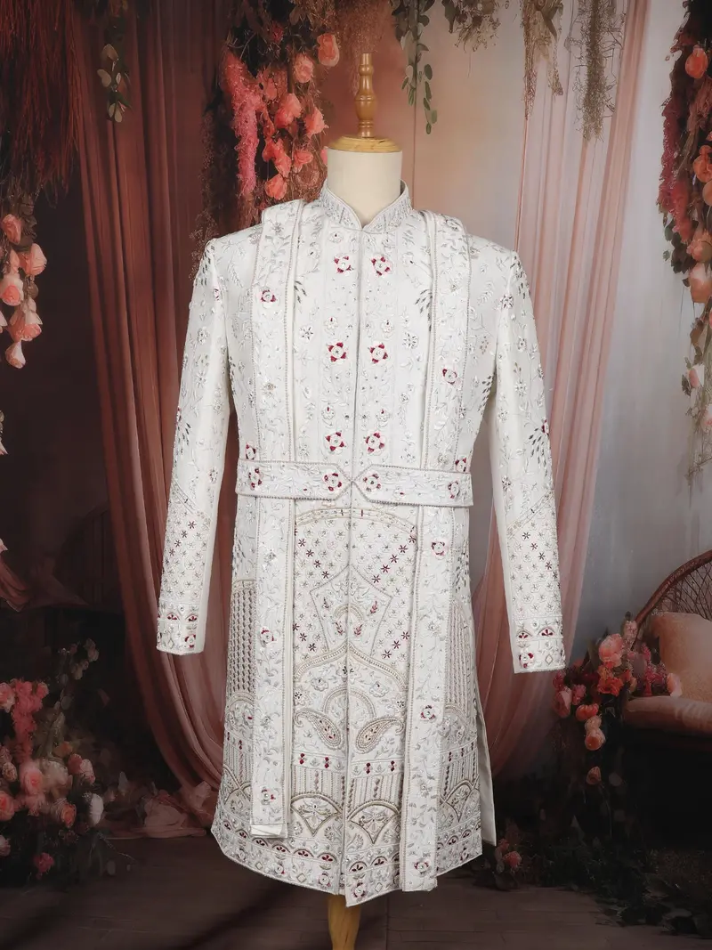 Soft Ivory Floral Vine Thread And Beads Embroidered Design Jacquard Indo Western Men's Sherwani Suit 1