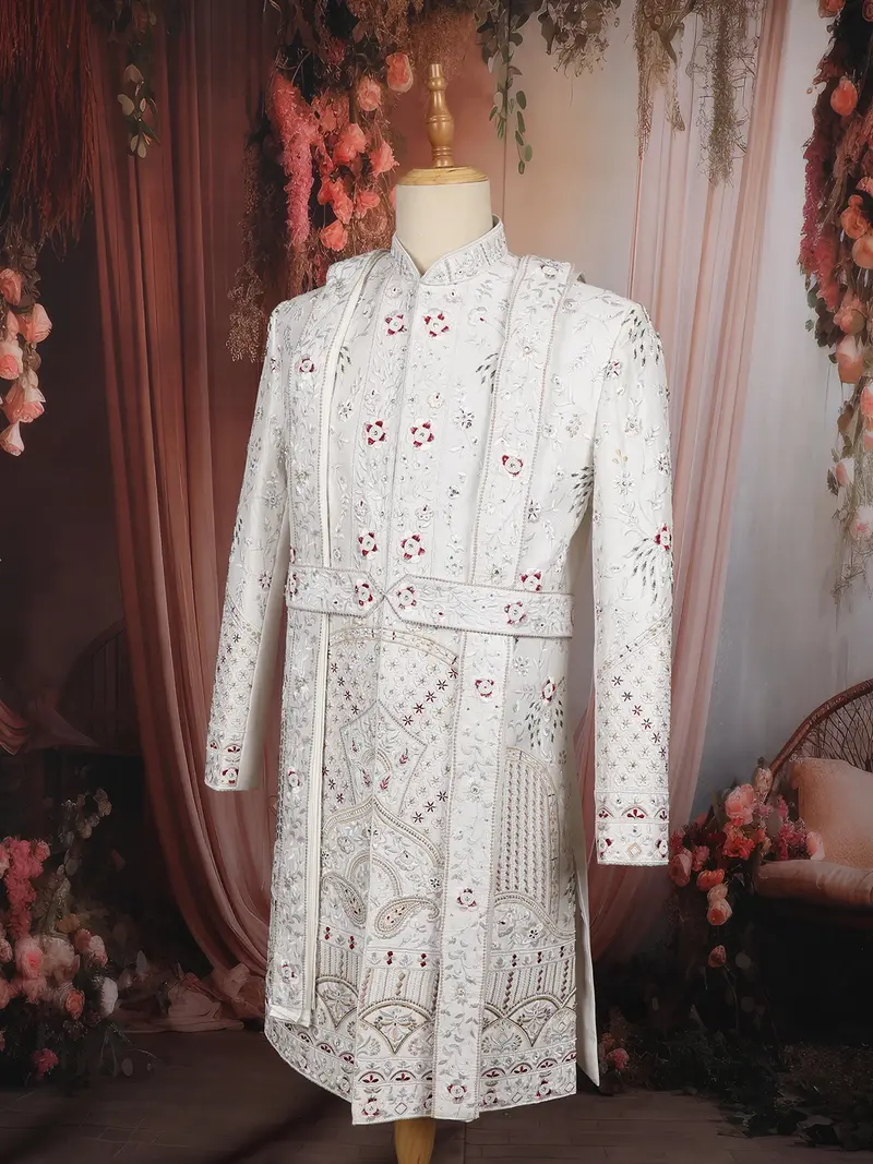 Soft Ivory Floral Vine Thread And Beads Embroidered Design Jacquard Indo Western Men's Sherwani Suit 2