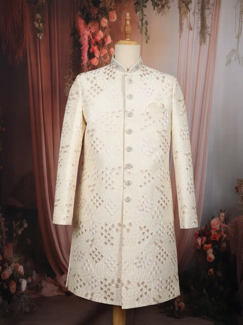 Soft Ivory Floral Vine Thread Embroidered Design Jacquard Indo Western Men's Sherwani Suit 1