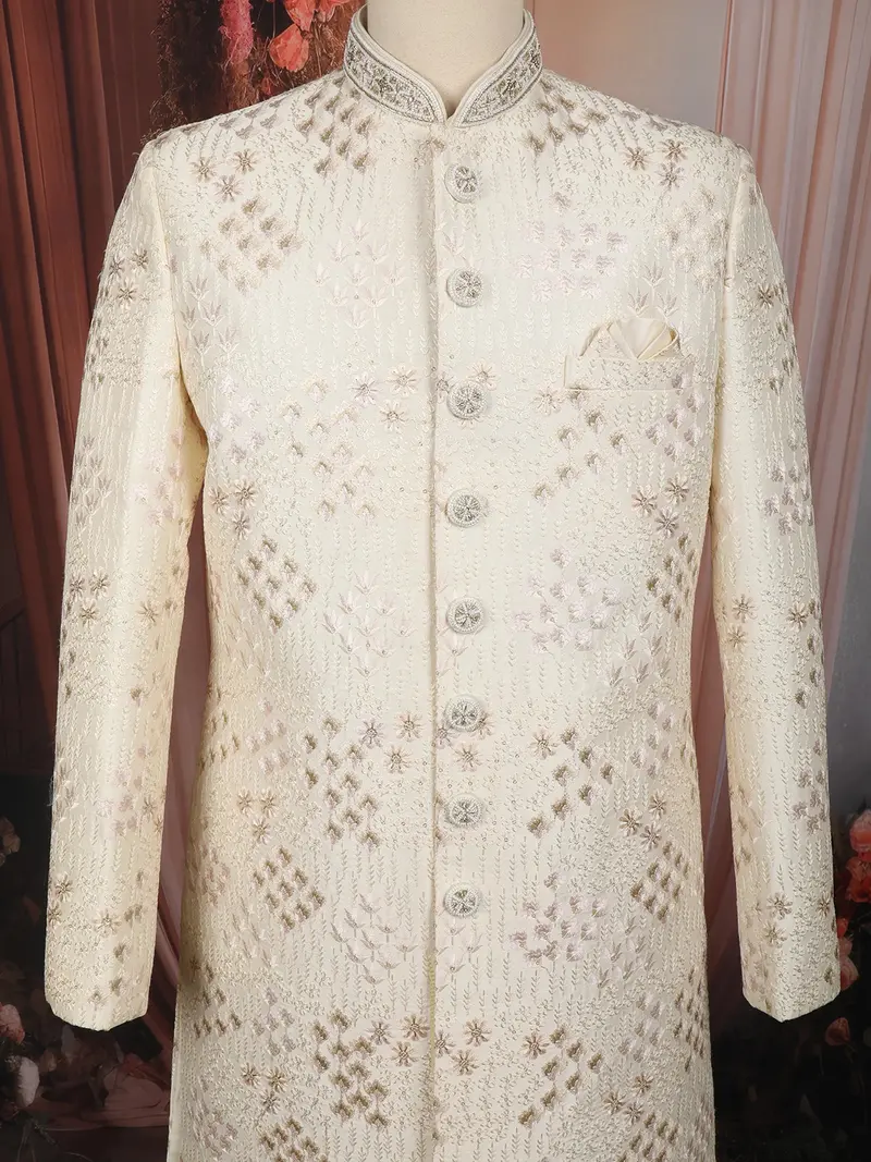 Soft Ivory Floral Vine Thread Embroidered Design Jacquard Indo Western Men's Sherwani Suit 2