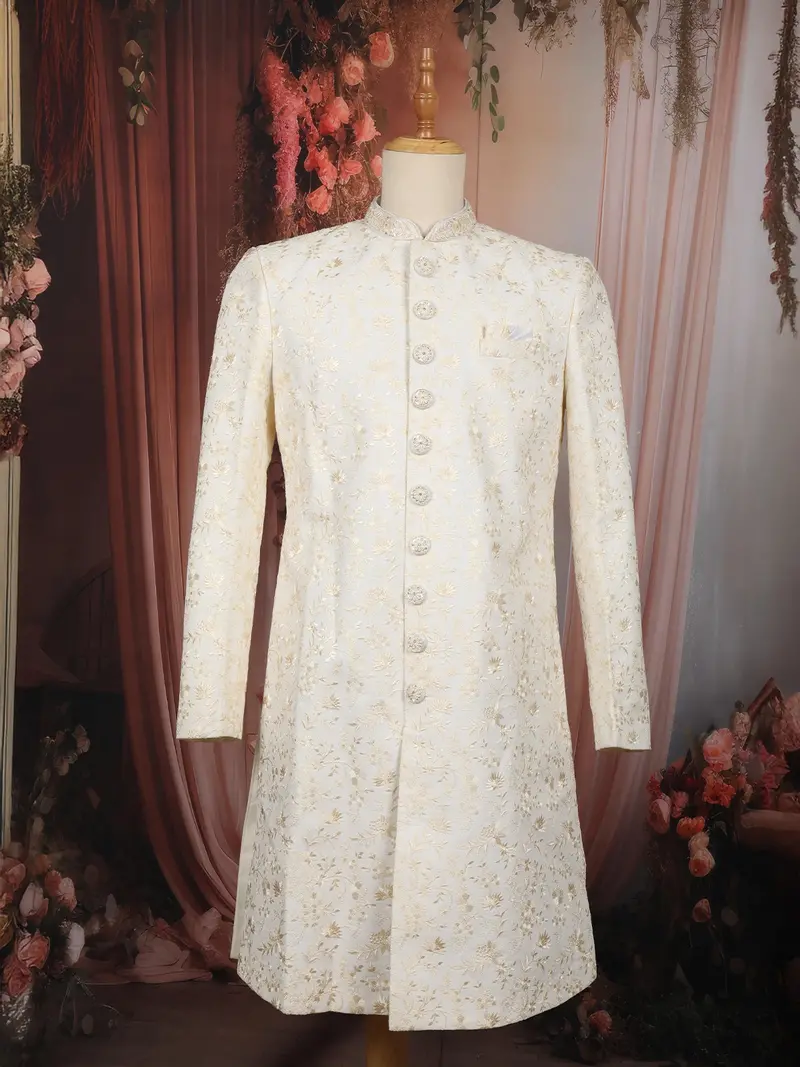 Soft Ivory Floral Vine Thread Embroidered Design Jacquard Sherwani Suit 1