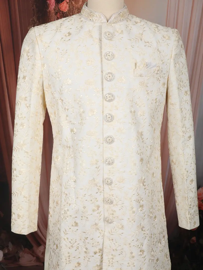 Soft Ivory Floral Vine Thread Embroidered Design Jacquard Sherwani Suit 2